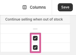 Continue selling when out of stock checkbox