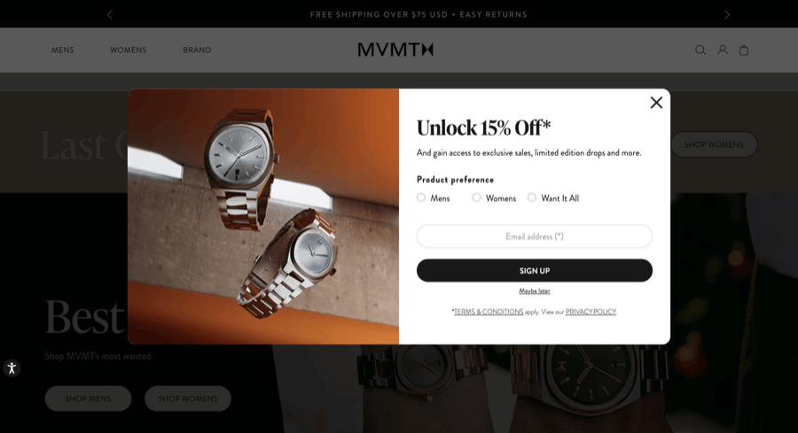 Ecommerce email capture popup example