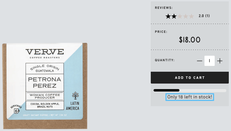 Verve Coffee Roasters left in stock product quantity.