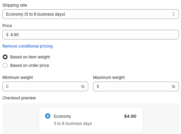 Edit shipping rate menu