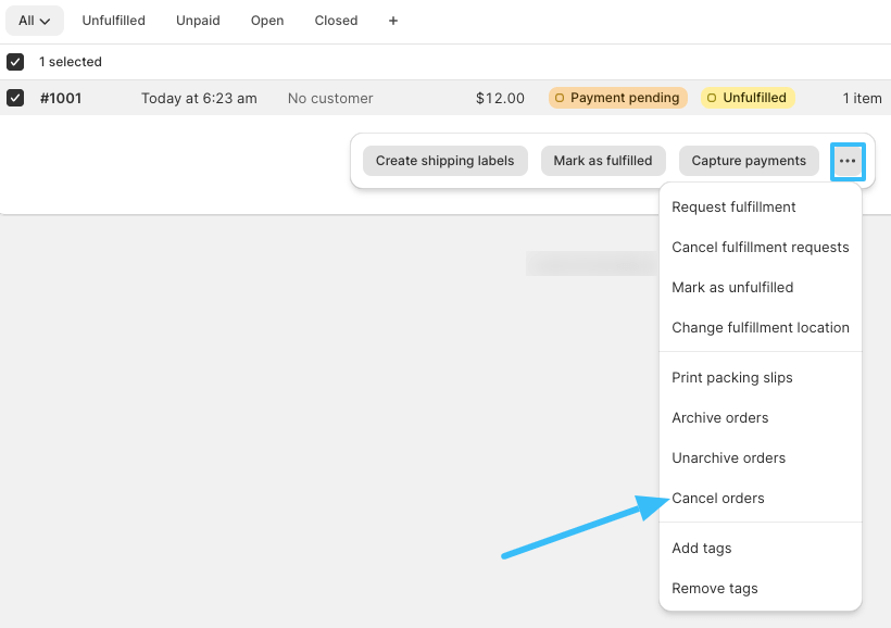 Shopify cancel order more actions menu