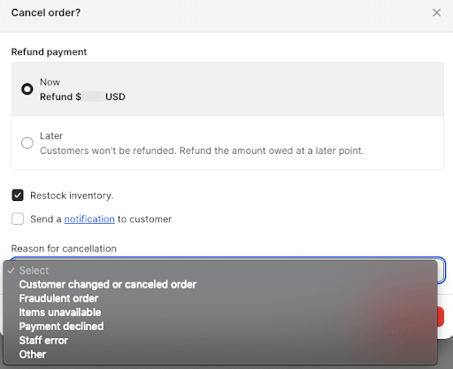 Shopify cancel order reason