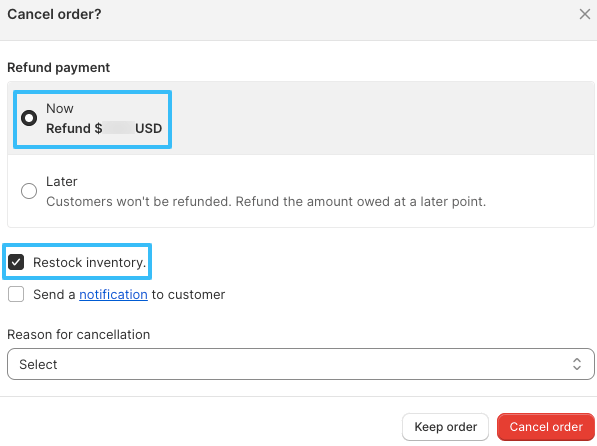 Shopify refund and restock cancellation