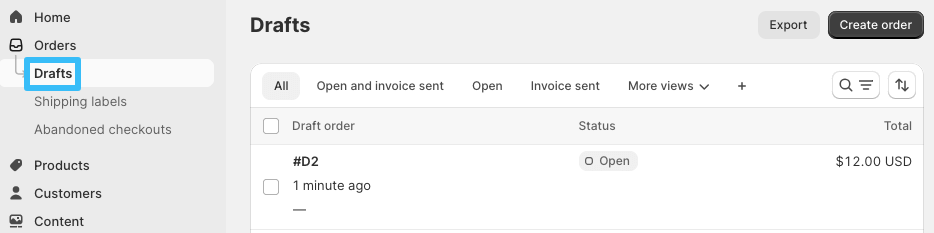 Shopify draft orders menu