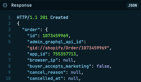 Shopify import order json response