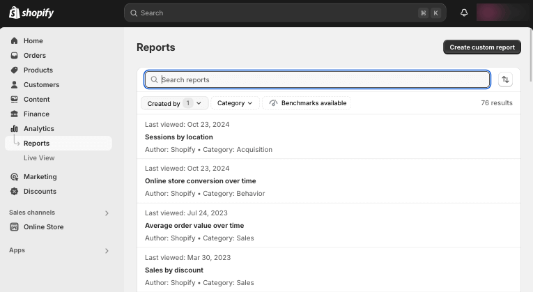 Shopify reports examples