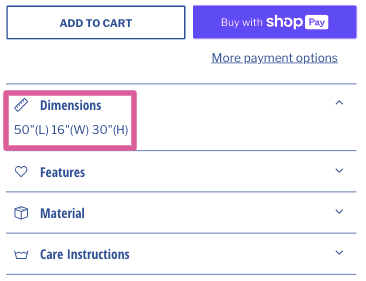 Product dimensions example