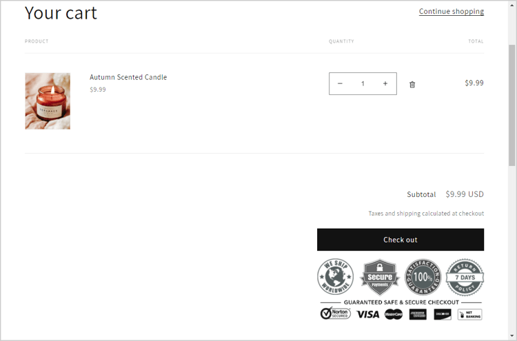 Shopping cart page showing trust badges.